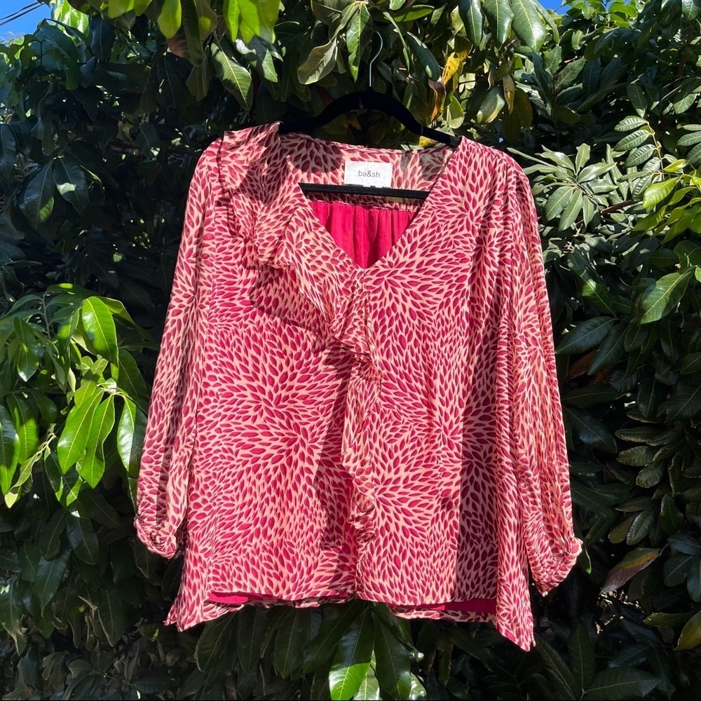 Ba&sh red printed sheer long sleeve ruffle blouse